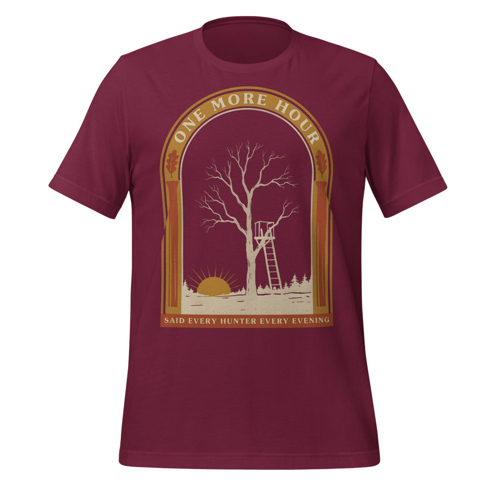 One More Hour funny deer hunting tee — Maroon, front