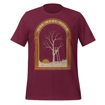 One More Hour funny deer hunting tee — Maroon, front