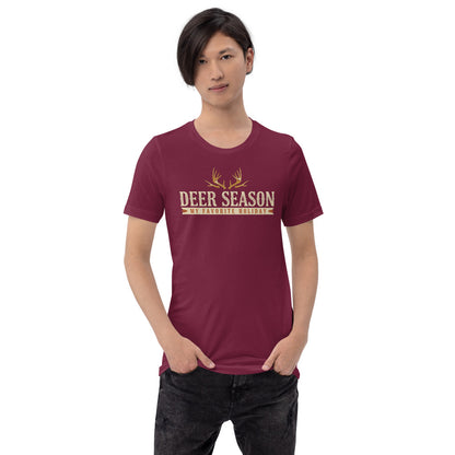 Deer Season My Favorite Holiday deer hunting tee — Maroon, on model