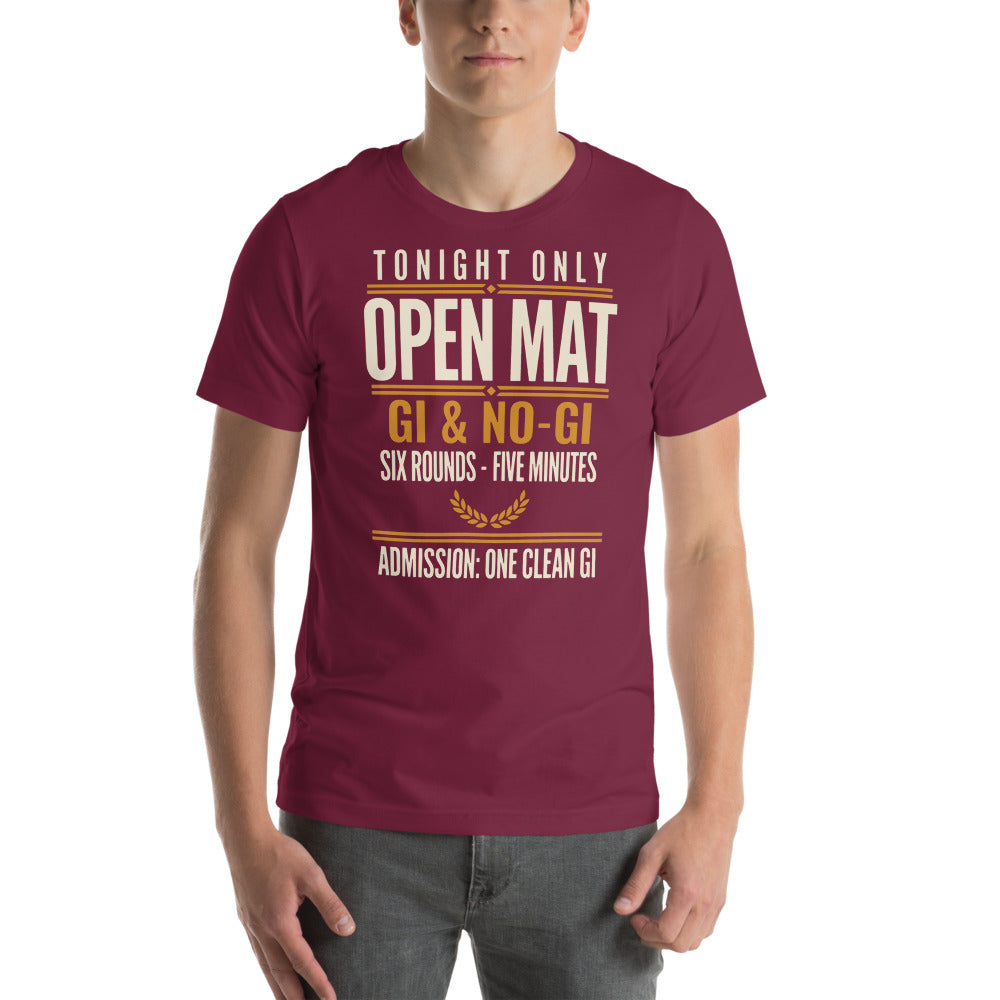 Open Mat Tonight Brazilian jiu jitsu t-shirt — Maroon, on model