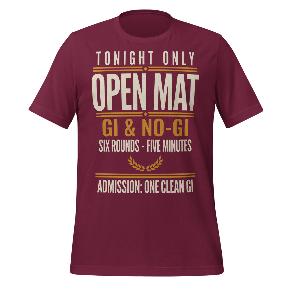 Open Mat Tonight Brazilian jiu jitsu t-shirt — Maroon, front