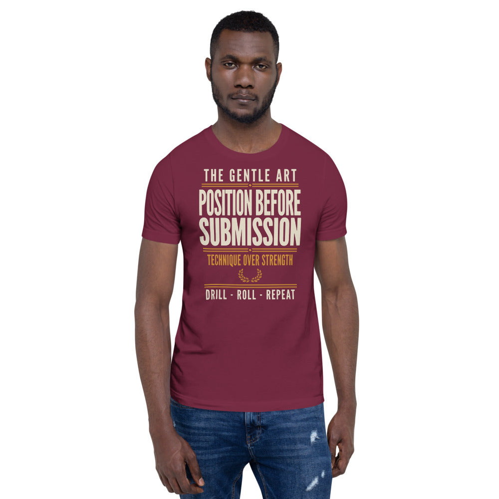 Position Before Submission Brazilian jiu jitsu t-shirt — Maroon, on model