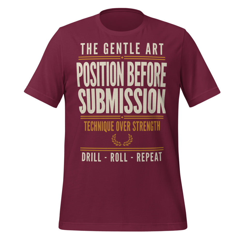 Position Before Submission Brazilian jiu jitsu t-shirt — Maroon, front