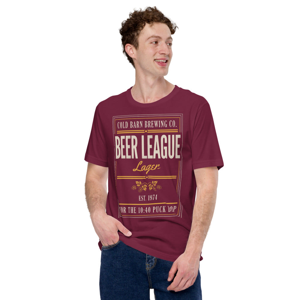 Beer League Cold Barn Brewing lager t-shirt — Maroon, on model