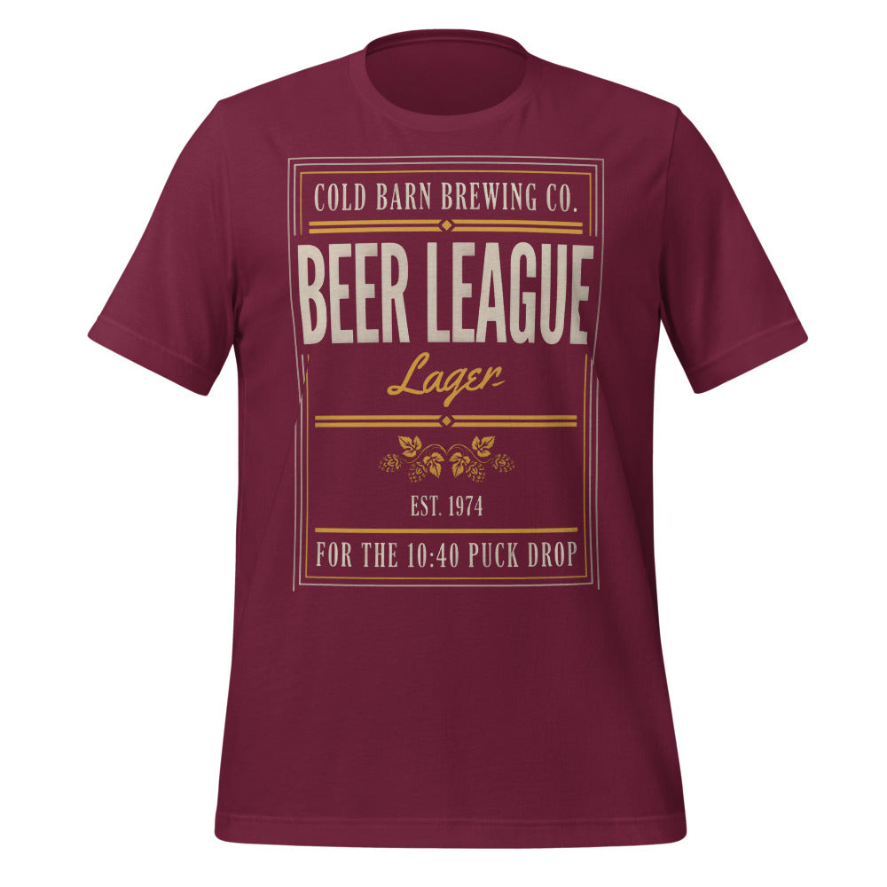 Beer League Cold Barn Brewing lager t-shirt — Maroon, front