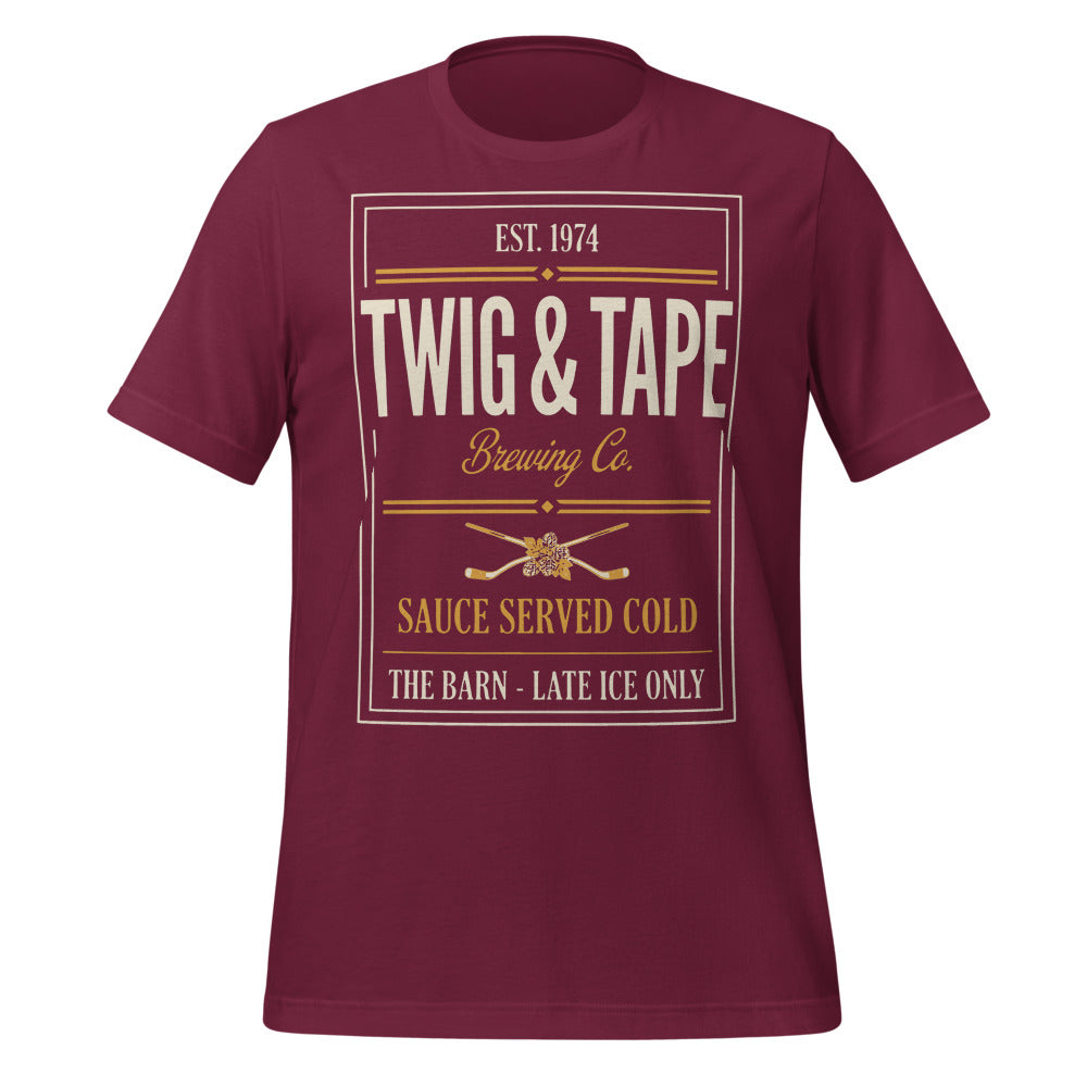 Twig and Tape Brewing Co. beer league hockey t-shirt — Maroon, front