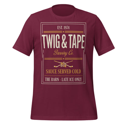 Twig and Tape Brewing Co. beer league hockey t-shirt — Maroon, front