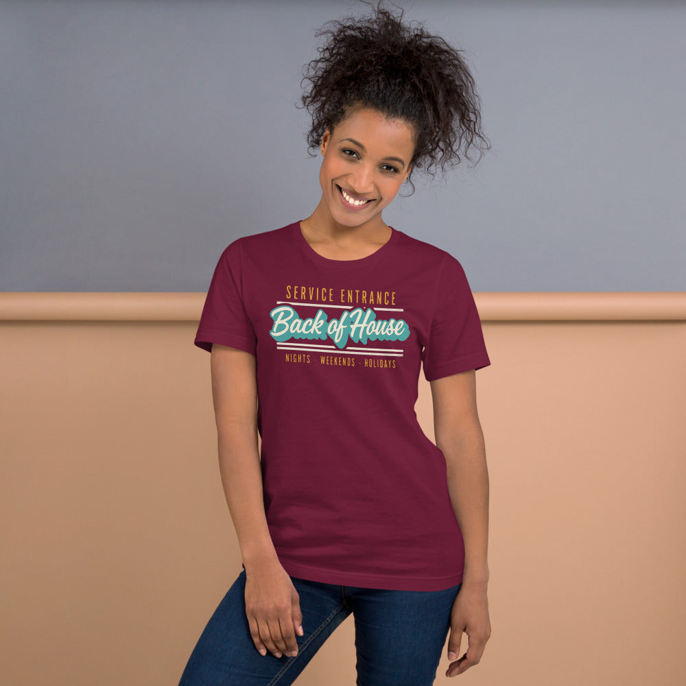 Line Cook Back of House retro diner service sign t-shirt — Maroon, on model