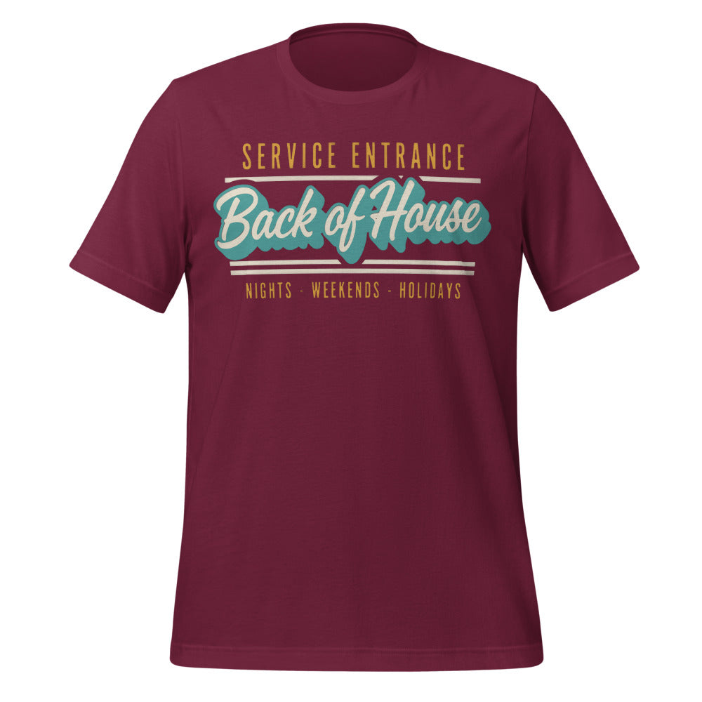 Line Cook Back of House retro diner service sign t-shirt — Maroon, front