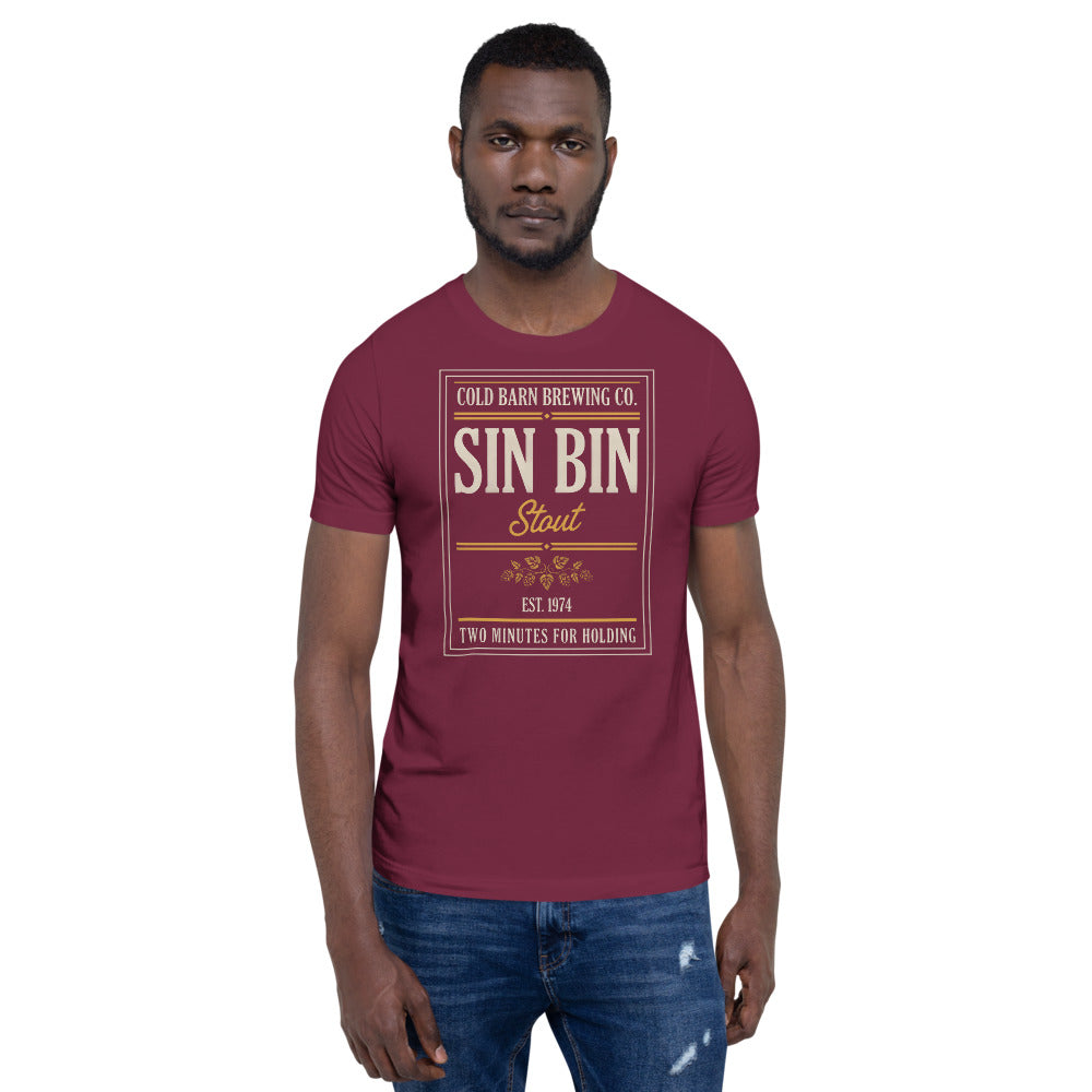 Beer League Sin Bin Stout brewery label t-shirt — Maroon, on model