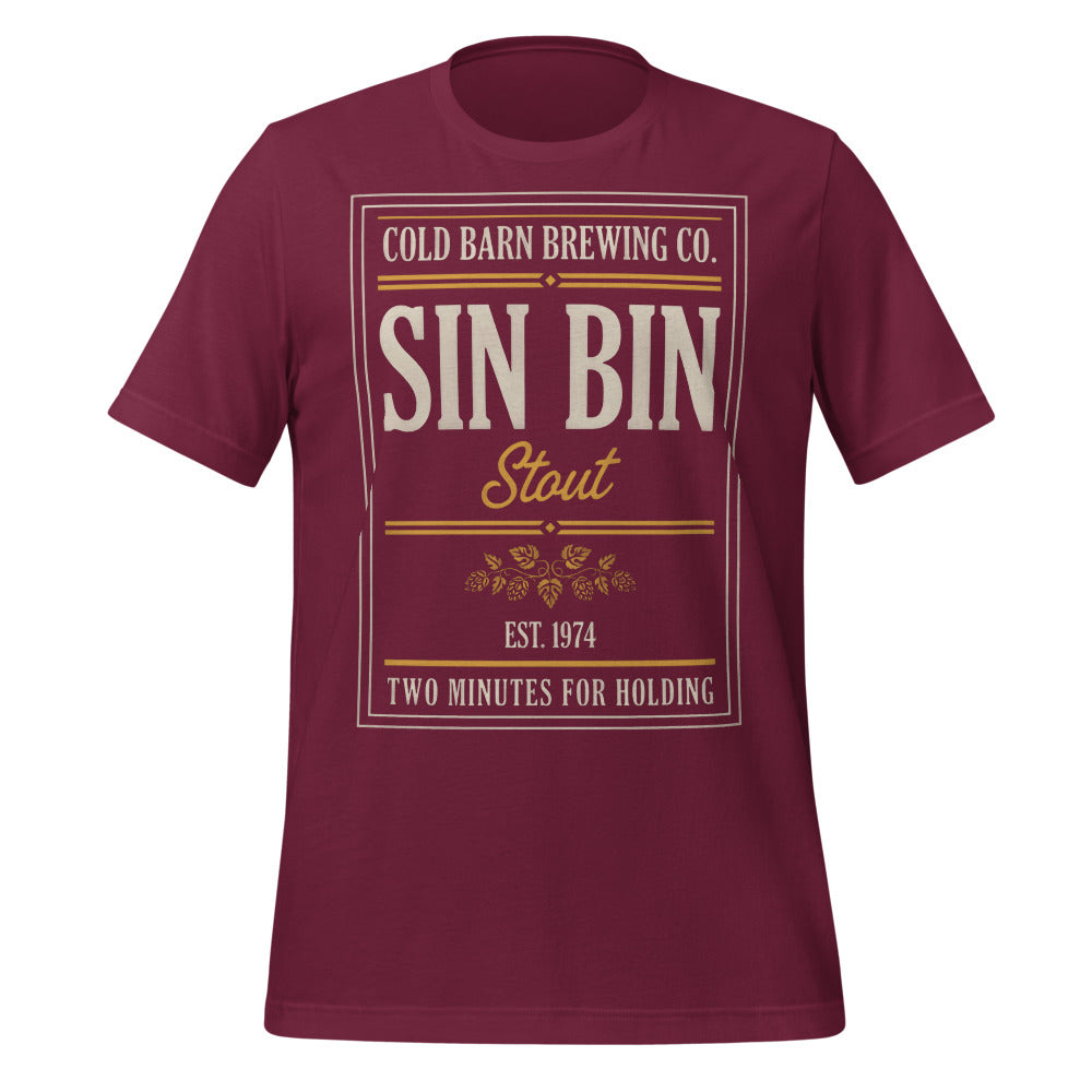 Beer League Sin Bin Stout brewery label t-shirt — Maroon, front