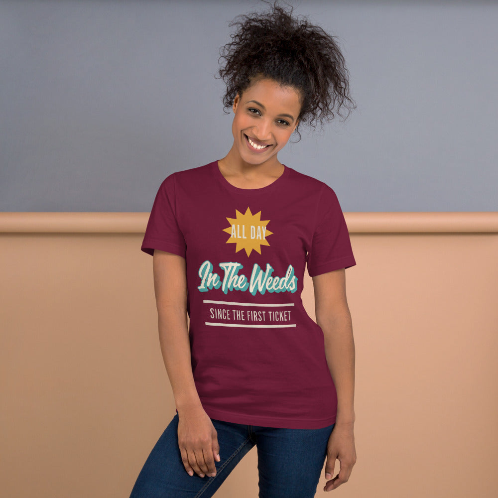 In The Weeds line cook retro diner service sign t-shirt — Maroon, on model