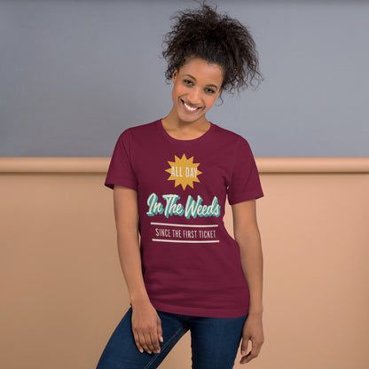 In The Weeds line cook retro diner service sign t-shirt — Maroon, on model
