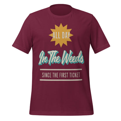 In The Weeds line cook retro diner service sign t-shirt — Maroon, front