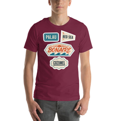 Vintage scuba diving dive sites travel decal t-shirt — Maroon, on model