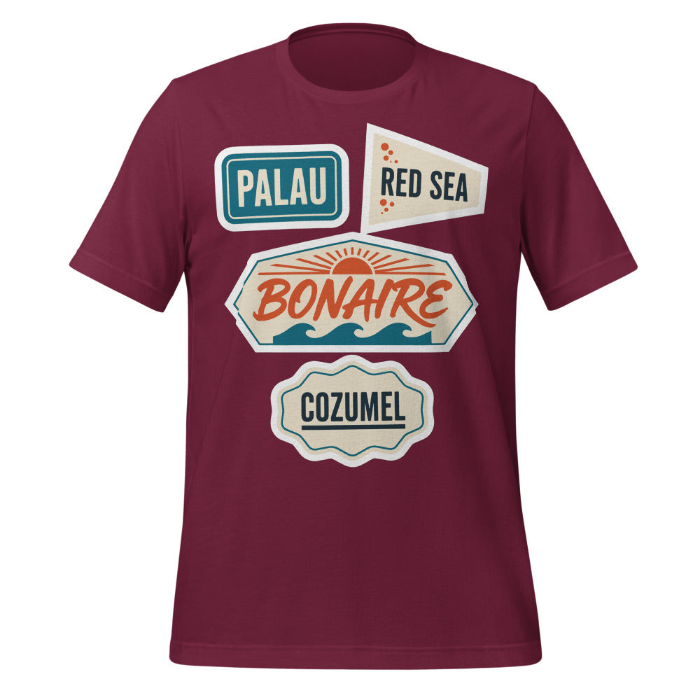 Vintage scuba diving dive sites travel decal t-shirt — Maroon, front