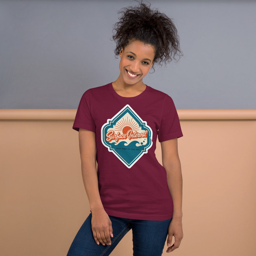 Surface Interval vintage scuba diving travel decal t-shirt — Maroon, on model