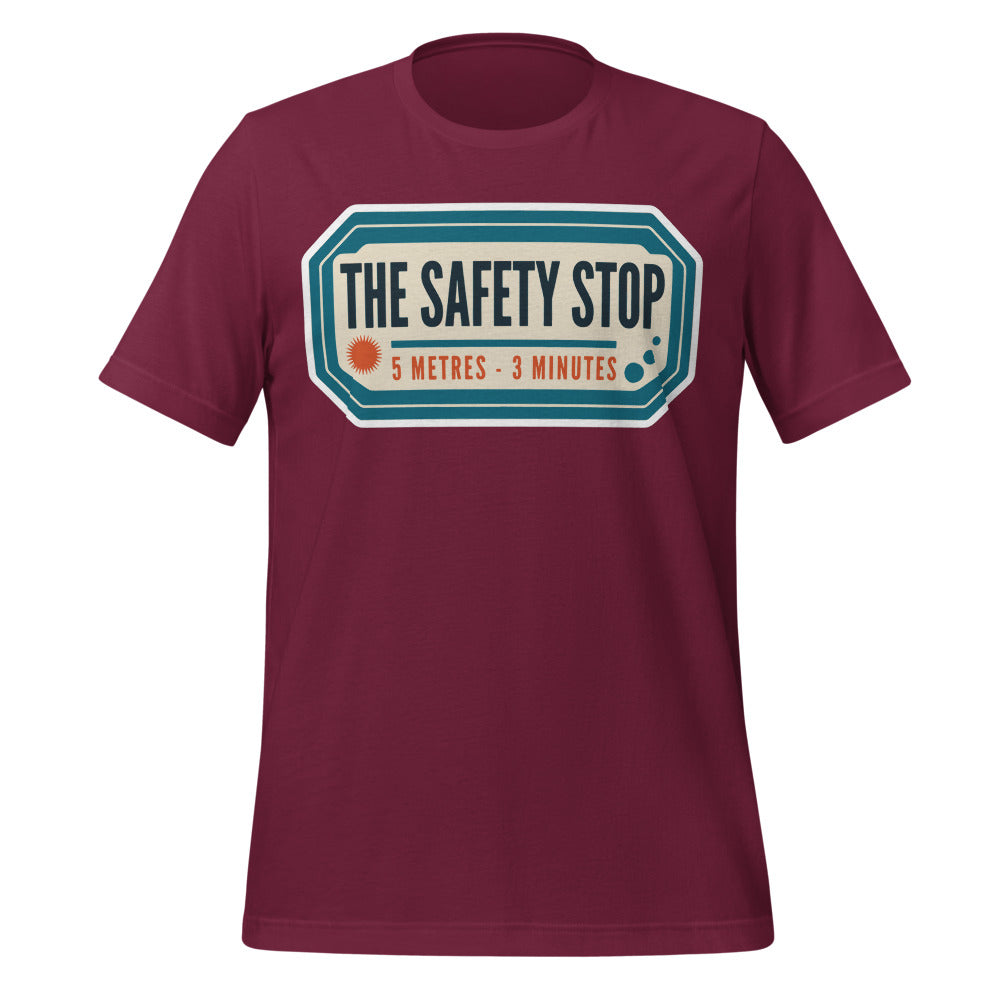 The Safety Stop vintage scuba diving travel decal t-shirt — Maroon, front