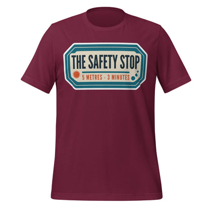 The Safety Stop vintage scuba diving travel decal t-shirt — Maroon, front