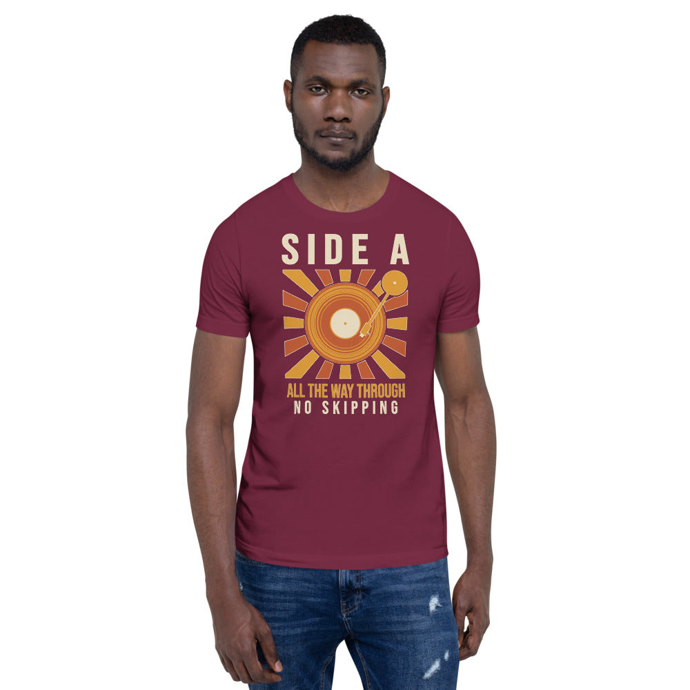Side A No Skipping vinyl record tee — Maroon, on model