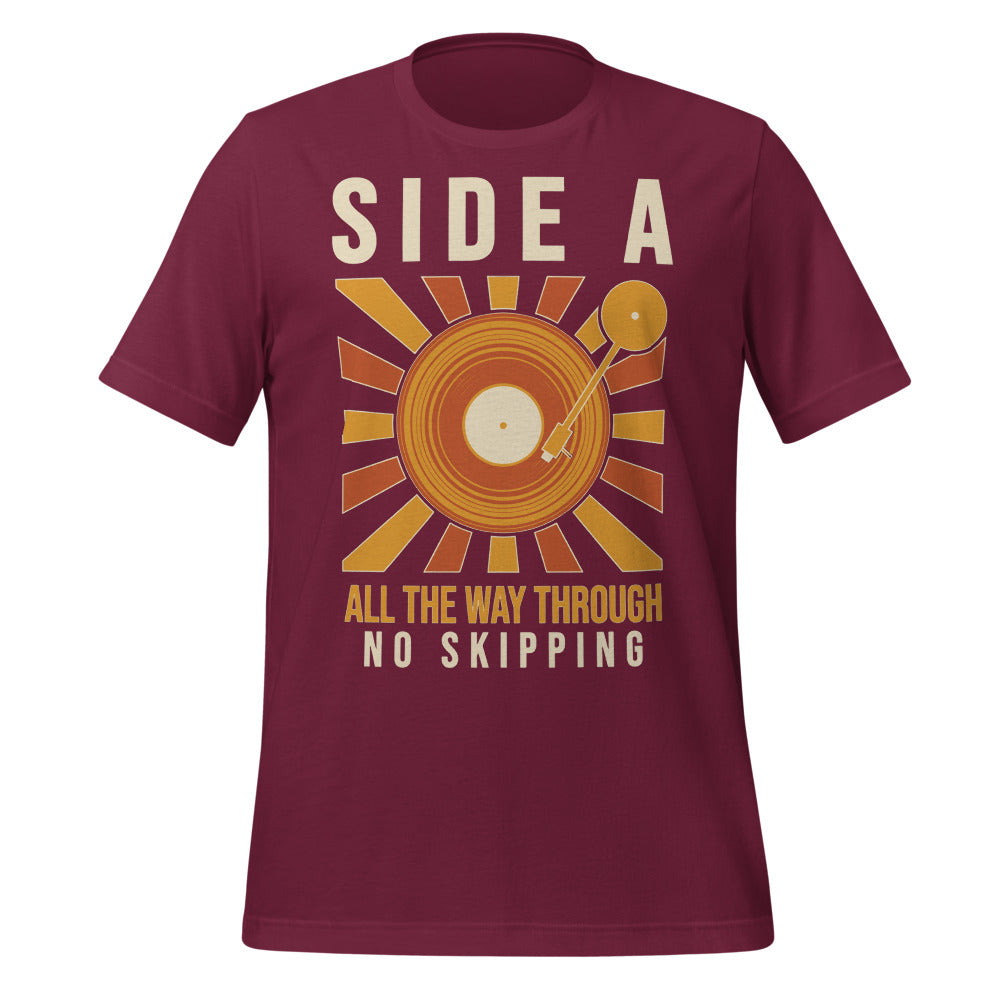 Side A No Skipping vinyl record tee — Maroon, front