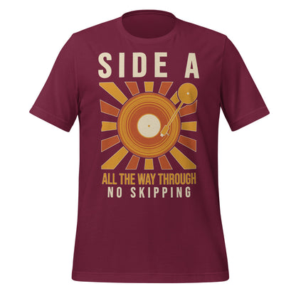 Side A No Skipping vinyl record tee — Maroon, front