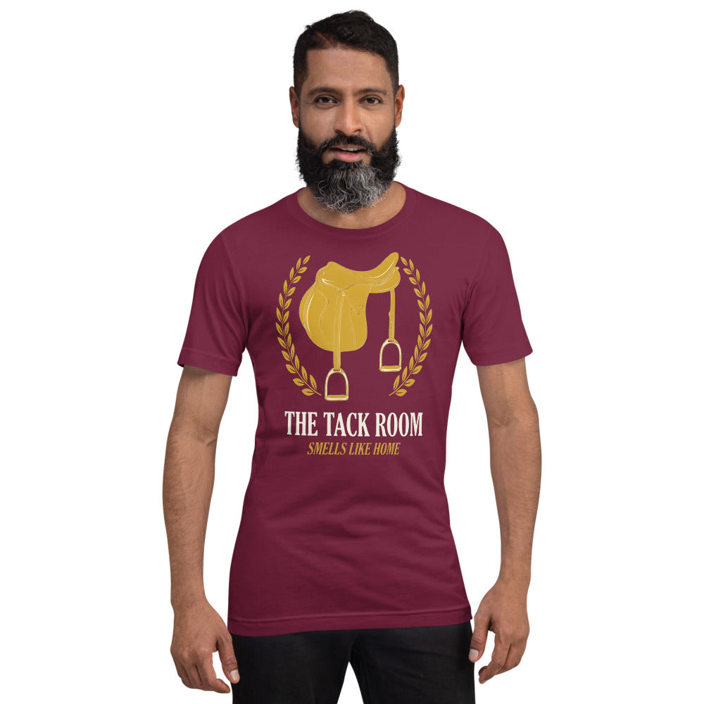 The Tack Room engraved equestrian saddle crest t-shirt — Maroon, on model