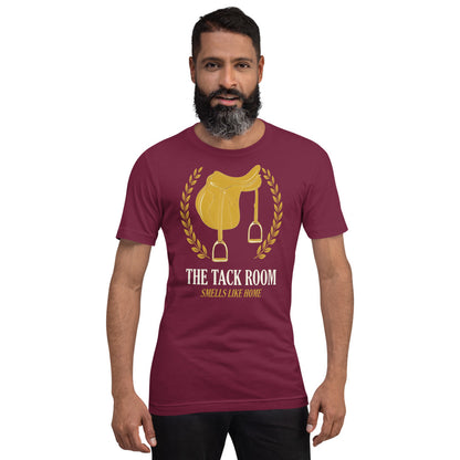 The Tack Room engraved equestrian saddle crest t-shirt — Maroon, on model