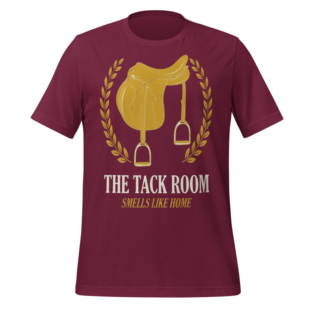 The Tack Room engraved equestrian saddle crest t-shirt — Maroon, front