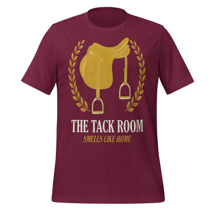 The Tack Room engraved equestrian saddle crest t-shirt — Maroon, front