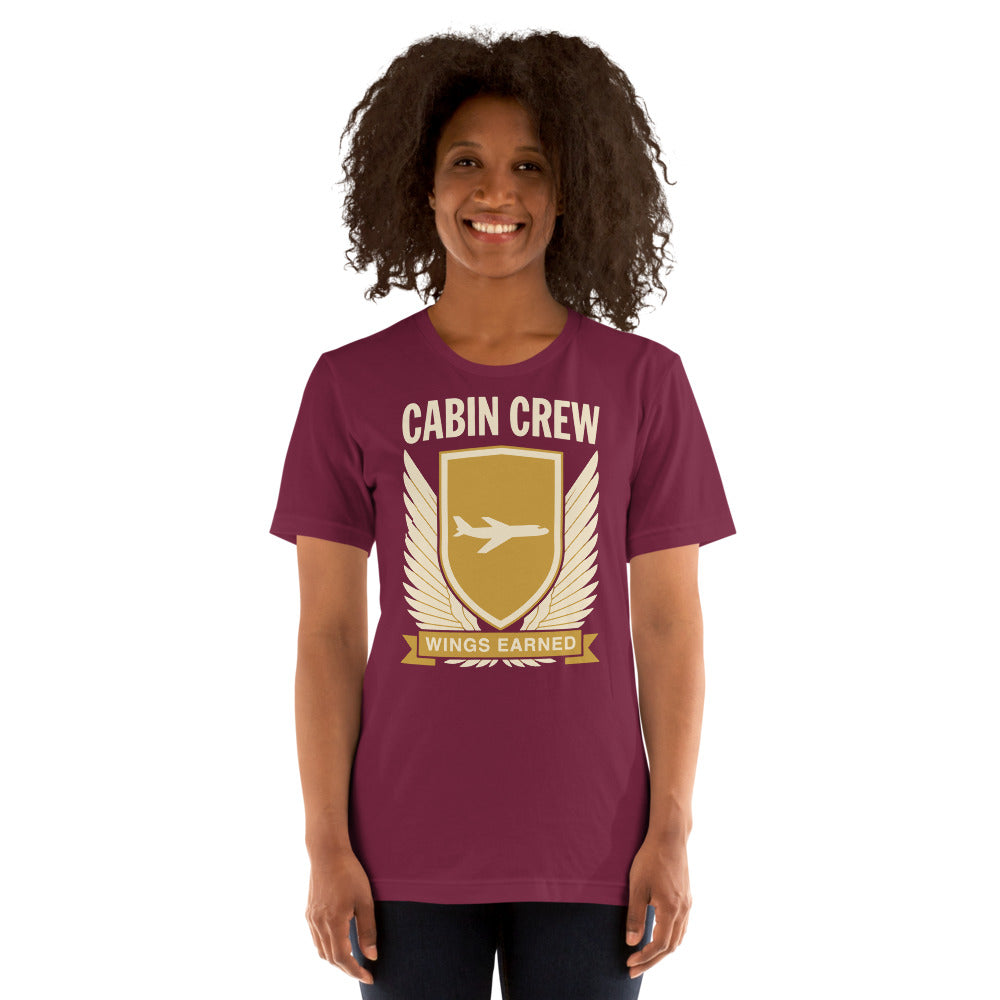 Wings Earned flight attendant tee — Maroon, on model