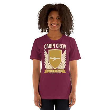Wings Earned flight attendant tee — Maroon, on model