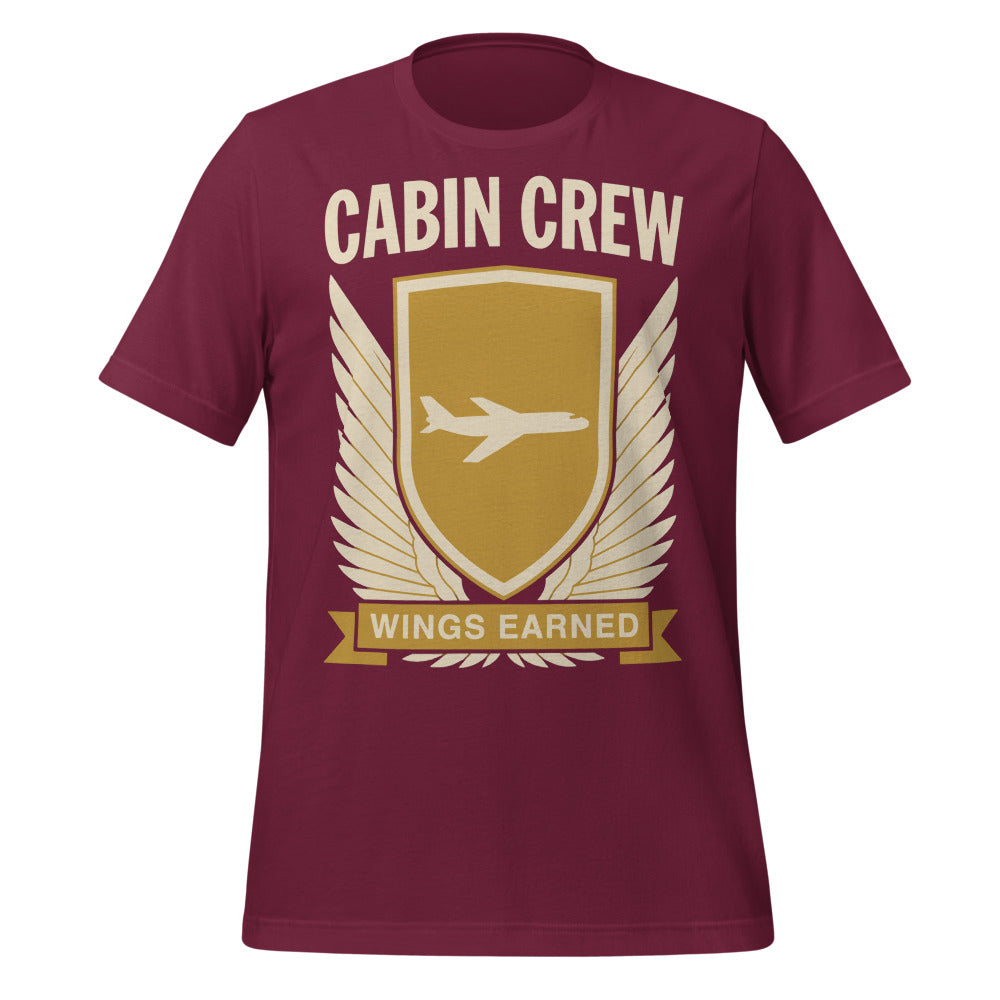 Wings Earned flight attendant tee — Maroon, front