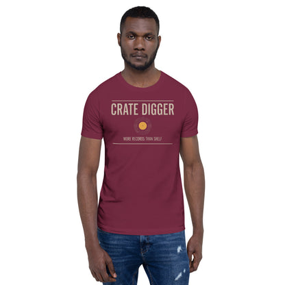 Crate Digger vinyl record tee — Maroon, on model