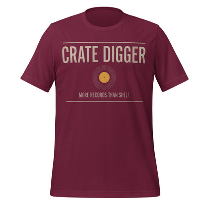 Crate Digger vinyl record tee — Maroon, front