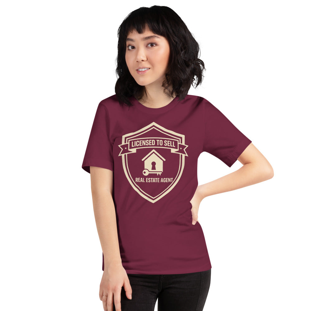 Licensed to Sell real estate agent tee — Maroon, on model