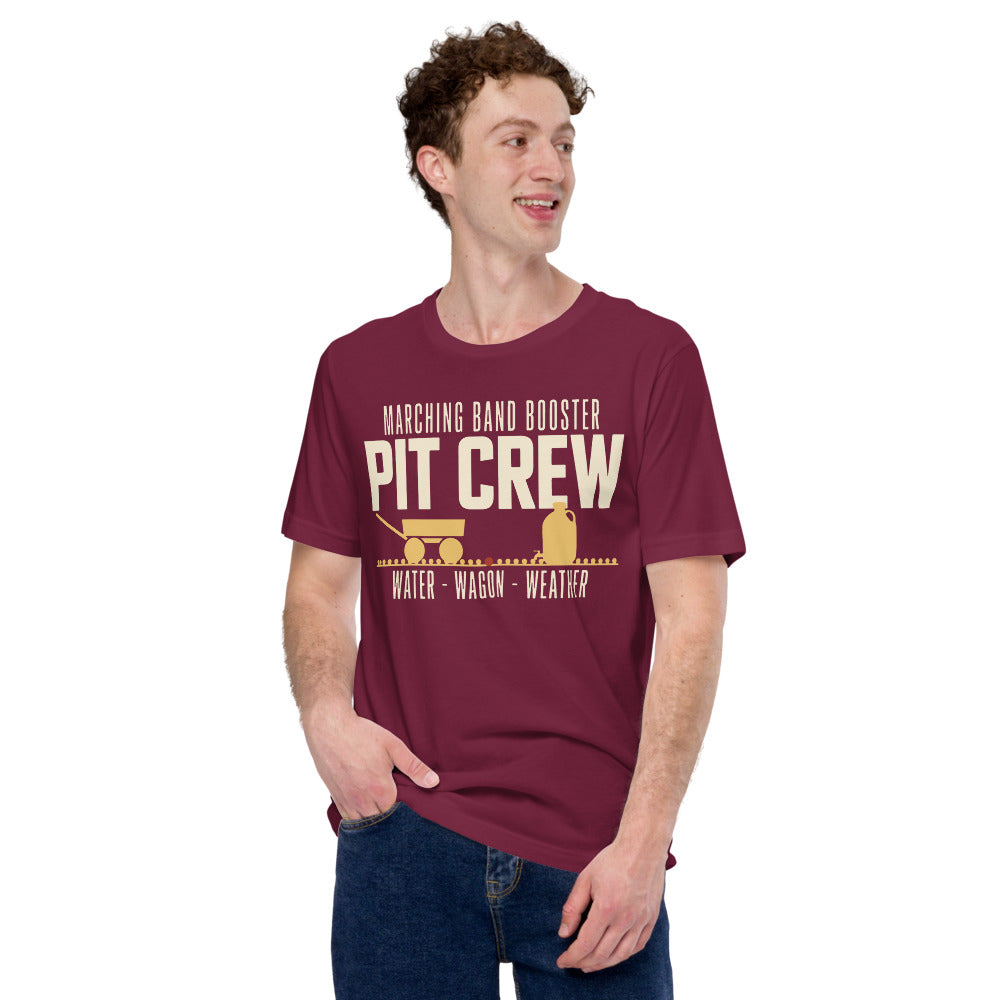 Pit Crew marching band booster t-shirt — Maroon, on model