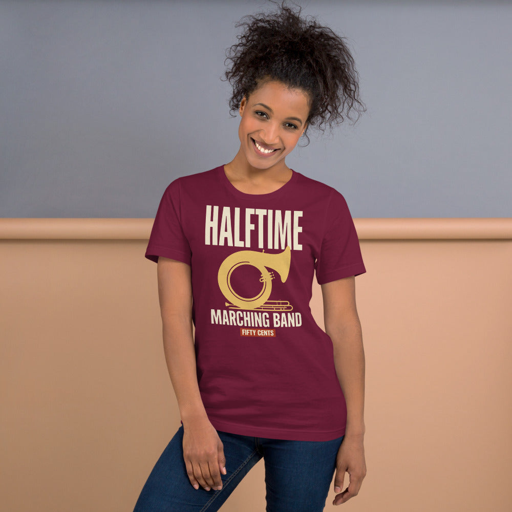 Official Halftime vintage marching band t-shirt — Maroon, on model