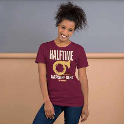 Official Halftime vintage marching band t-shirt — Maroon, on model