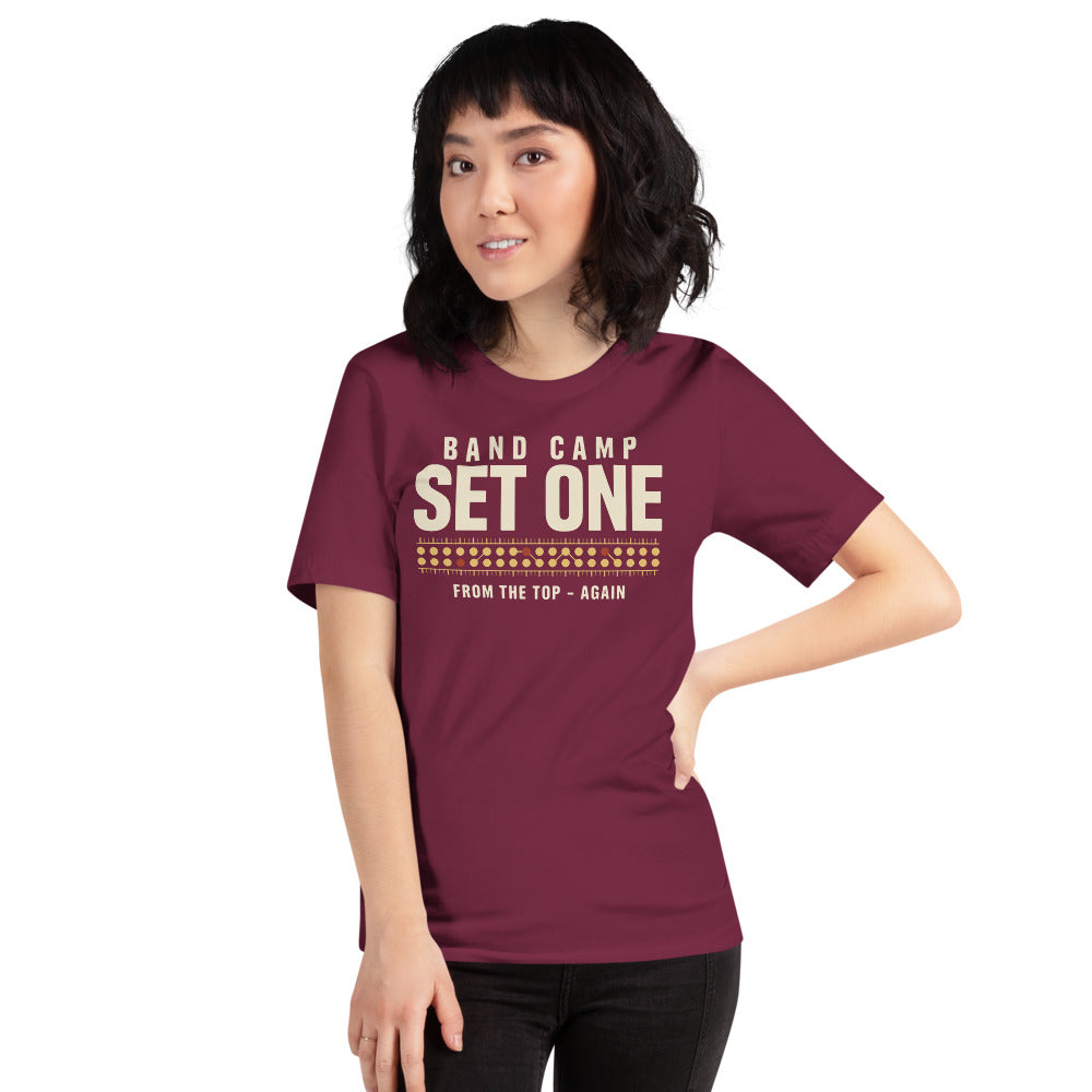 Set One marching band drill chart t-shirt — Maroon, on model