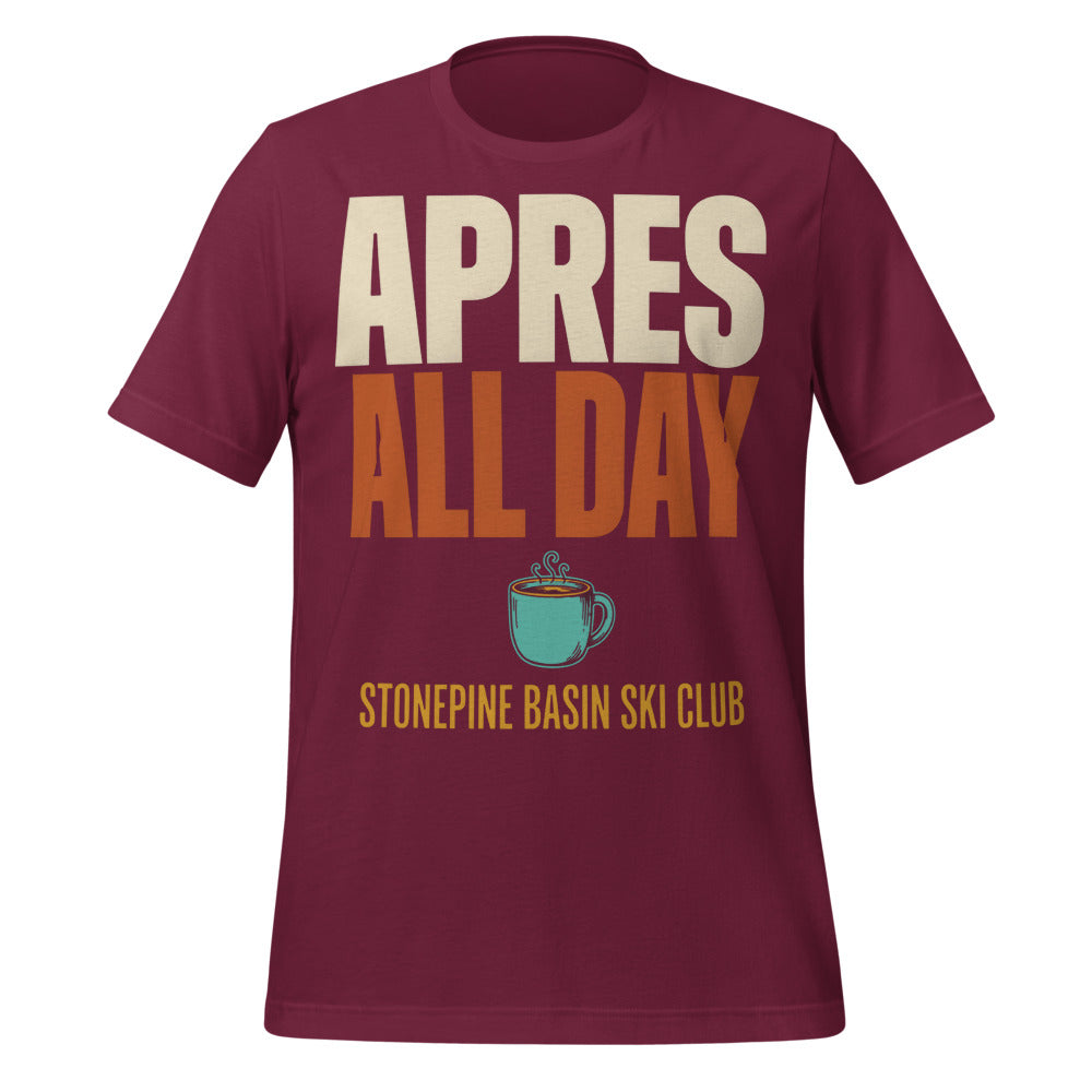 Après All Day Stonepine Basin Ski Club retro apres-ski t-shirt — Maroon, front