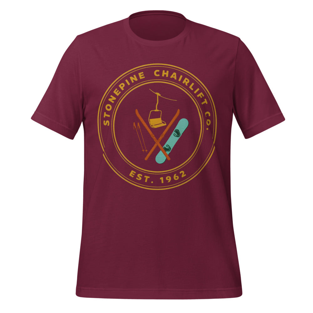 Stonepine Chairlift Co. retro vintage ski club badge t-shirt — Maroon, front