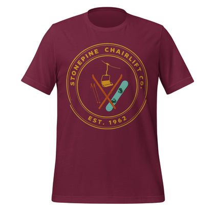 Stonepine Chairlift Co. retro vintage ski club badge t-shirt — Maroon, front