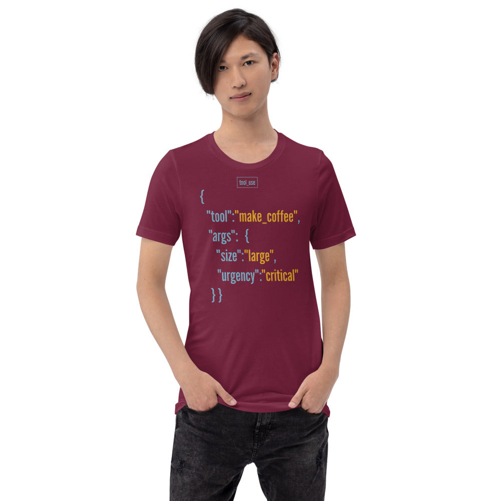 Tool Call Make Coffee AI engineer tee — Maroon, on model