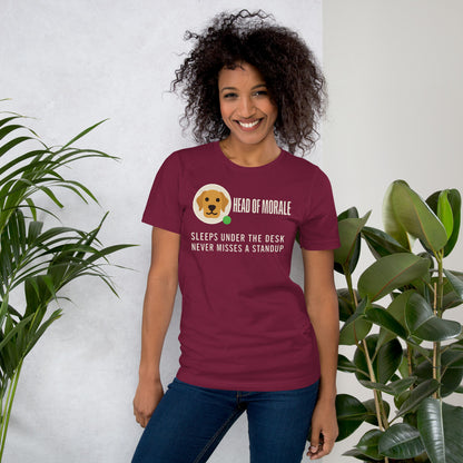 Head of Morale dog profile card unisex t-shirt — Maroon, on model