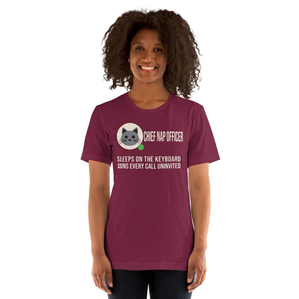 Chief Nap Officer cat profile card unisex t-shirt — Maroon, on model