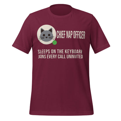 Chief Nap Officer cat profile card unisex t-shirt — Maroon, front