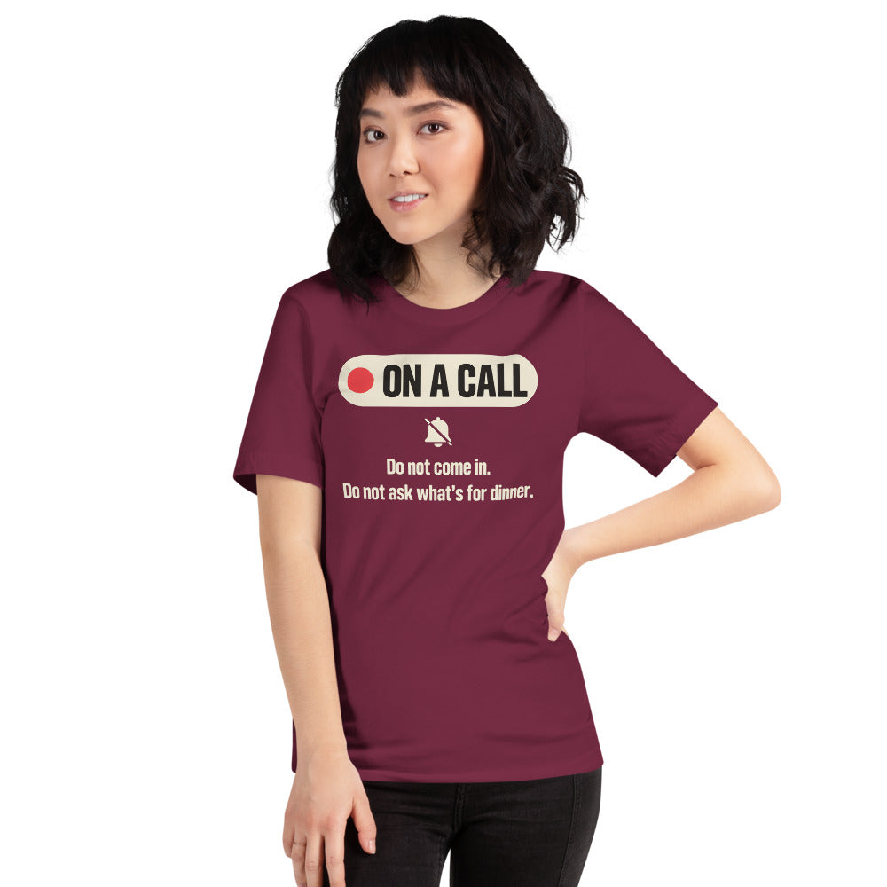 On A Call do not disturb status unisex t-shirt — Maroon, on model