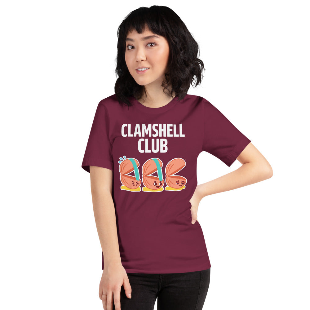 Clamshell Club funny physical therapy tee — Maroon, on model