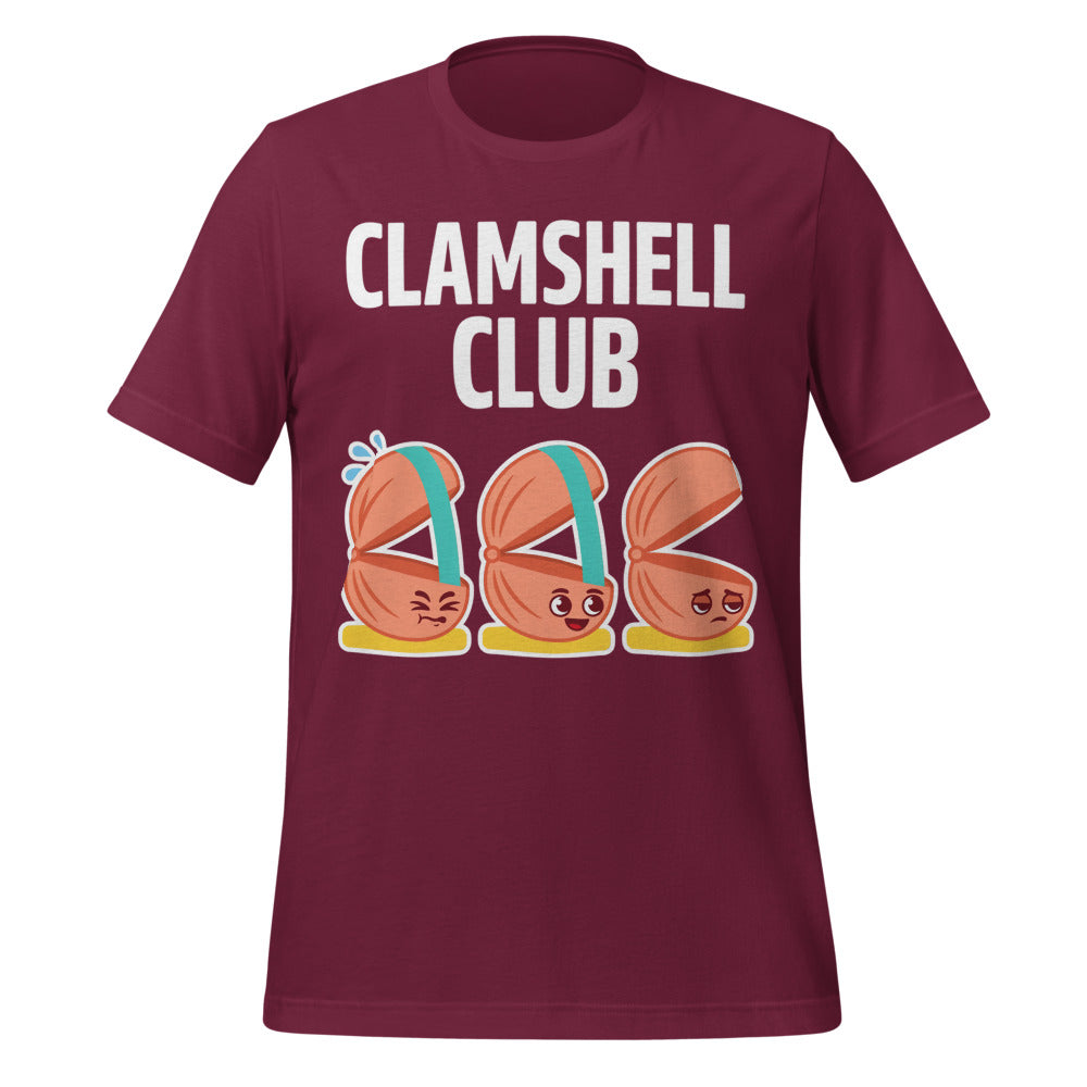 Clamshell Club funny physical therapy tee — Maroon, front